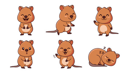 Set of Six Cute Cartoon Quokka Characters with Various Poses and Happy Expressions