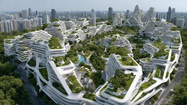 Eco-topia: A visionary city blends futuristic architecture and vibrant greenery, an innovative urban landscape designed to harmonize with nature