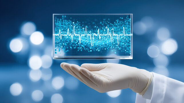 Medical technology doctor gloved hand holding transparent display with heartbeat waveform - Powered by Adobe