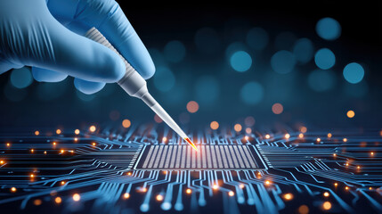 Medical technology scientist pipette touching microchip circuit board glowing diagnostics