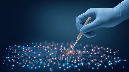 Gloved hand with pipette explores glowing circuit board medical technology and innovation