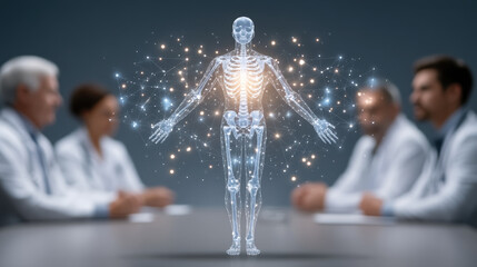 Medical technology holographic human skeleton projection with doctors discussing patient care