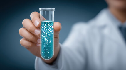 Medical technology scientist holding test tube with glowing circuit pattern and liquid