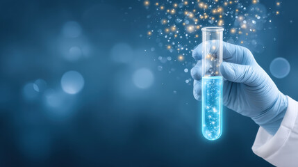 Gloved hand test tube medical technology glowing liquid lab experiment magical sparkles