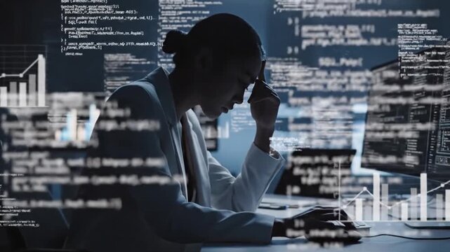 Overworked female software developer stressed by coding and data overload at night