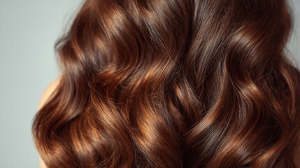 Fototapeta premium Ong brown hair with beautifully styled wavy curls, shiny healthy texture, and professional hair coloring and hairdressing treatment, showcasing elegant hair extensions and glossy hairstyle details
