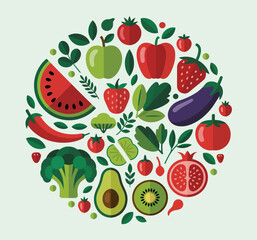 A vibrant circular arrangement of assorted fruits and vegetables showcases the beauty of healthy eating, promoting nutrition and colorful culinary creativity.