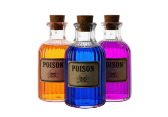 three vintage ribbed glass apothecary bottles with 'poison' labels, filled with glowing orange, blue, and purple volatile liquids on a reflective white surface. ominous still life concept of