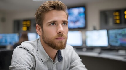 A young bearded man with a focused expression looking intently in a modern control room filled with computer monitors and data displays