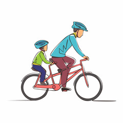 Naklejka premium Family cycling in continuous line art drawing style. Father with his little son riding bicycles together.