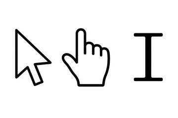 Computer mouse cursors set including arrow, hand pointer, and text tool in a digital interface, transparent background