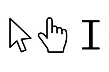 Computer mouse cursors set including arrow, hand pointer, and text tool in a digital interface, transparent background