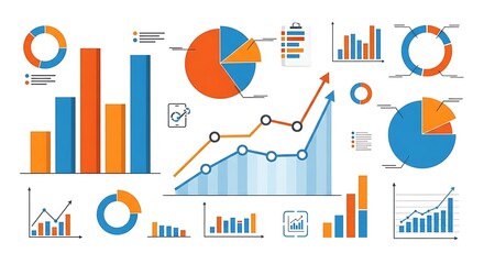 Collection of various charts and graphs illustrating financial data and business analytics, isolated on white background