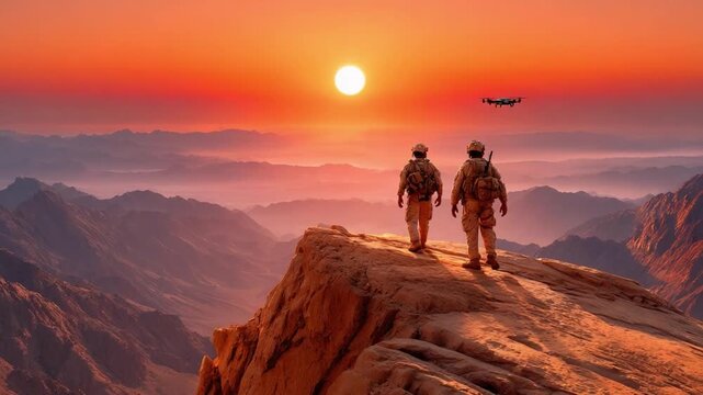 Guardians of the Horizon: Two steadfast figures stand atop a rugged cliff, silhouetted against a fiery sunset, a symbol of strength and vigilance.