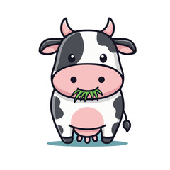 Fototapeta premium Cute Cow Illustration Eating Grass, Kawaii Dairy Cattle Character Vector Art