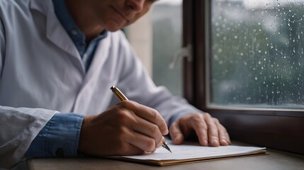 A person in a lab coat writes notes on paper by a window during a rainy day