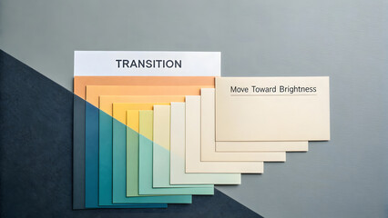 Color palette transition with papers arranged in flatlay style