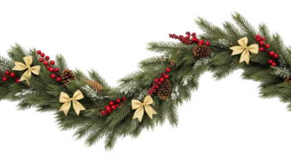 Festive Christmas garland with pinecones and ribbons on a white background for holiday decoration purposes