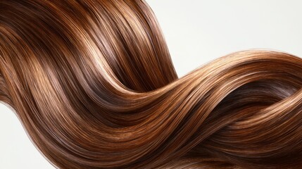 Fototapeta premium Close-up of smooth, shiny brown hair isolated on white background, highlighting natural texture, healthy strands, and glossy shine for beauty, haircare, and fashion concepts