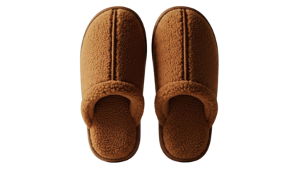 A pair of brown fuzzy slippers are shown on a plain white background indoors.