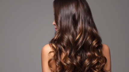 Fototapeta premium Brunette woman with long wavy hair seen from the back, styled using the curly method, showcasing healthy, voluminous waves and modern hairstyling techniques