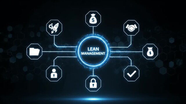 Digital lean management concept with glowing business strategy icons