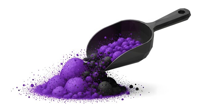 Stylized illustration of pre-workout supplement powder pouring from a black scoop.