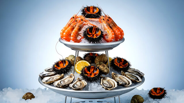 a towering plateau de fruits de mer with glistening fine de claire oysters, pink Brittany prawns, and bulky sea urchin halves on crushed ice on a three-tier silver stand 