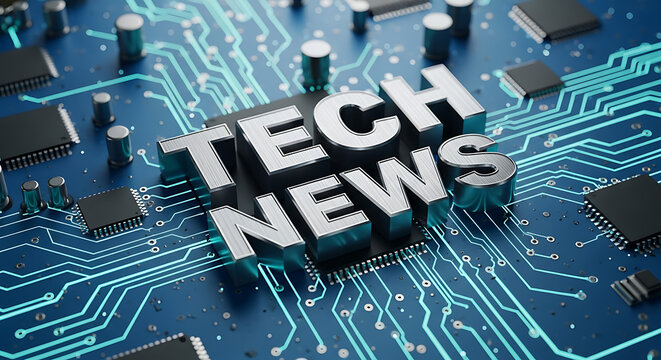 Close-up view of a blue circuit board with TECH NEWS text overlay, highlighting modern technology advancements and digital communication