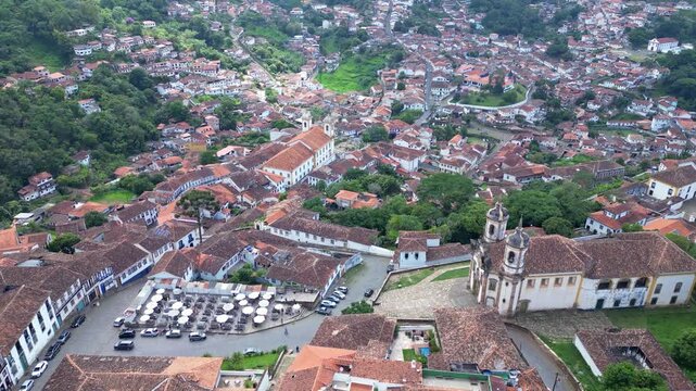 Ouro Preto, Brazil: Aerial view of Church of Saint Francis of Assisi in middle of Ouro Preto old town in the state of Minas Gerais in Brazil. Shot with tilt down motion