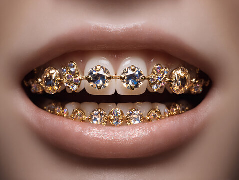 Luxury diamond teeth grills on glamorous lips fashion statement closeup