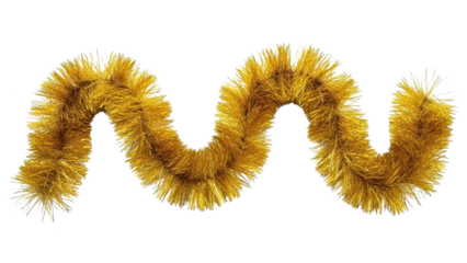 Golden tinsel garland waving in a festive curve on a white background, viewed from directly above.