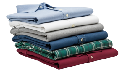 A stack of neatly folded colorful casual shirts on a white background for lifestyle and fashion.