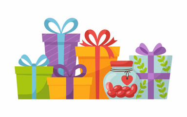 A vibrant collection of gift boxes adorned with colorful ribbons, perfect for any celebration or occasion, capturing the essence of joy, surprise, and festivity in gift-giving.