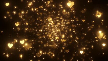 Golden hearts and sparkles floating on black background