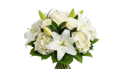 Beautiful bouquet of white roses, lilies, and hydrangeas on display indoors