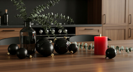 Stylish Christmas composition with black ornaments, red candle, and eucalyptus in a vase on a wooden table. Modern dark kitchen background