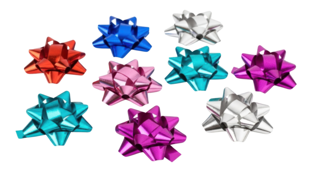 Colorful bows are arranged in a circular pattern on a white background for decoration purposes. - Powered by Adobe