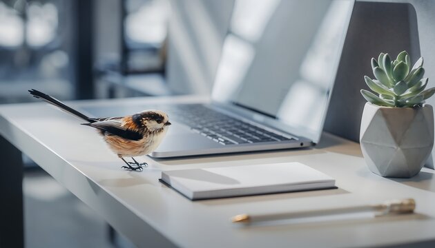 Small long-tailed tit bird perched on a modern white desk with laptop and succulent