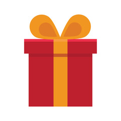Red gift box with orange ribbon for celebration on white background.Birthday, happy new year or merry christmas present.Flat design.Sign, symbol, icon and logo isolated.Graphic.Vector illustration.