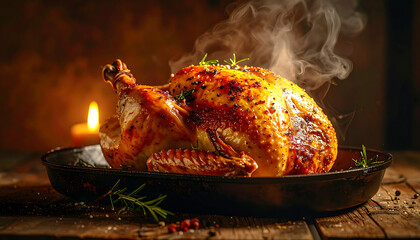 Delicious whole roasted chicken with crispy golden skin, elegantly presented with rising steam and warm cinematic lighting