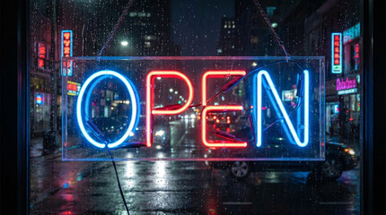 Glowing neon Open sign in rainy shop window with city street reflection night view