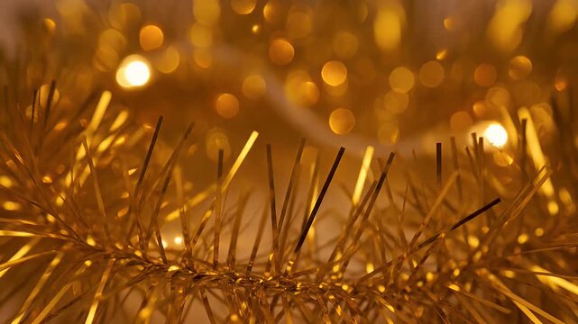 Loopable macro of golden tinsel reflecting warm lights, subtle shimmer and gentle camera wobble.