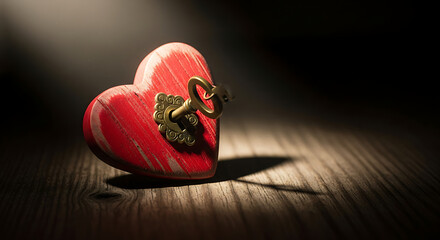 Intriguing red heart with an antique key, symbolizing love, secrets, and unlocking deep emotions with dramatic light
