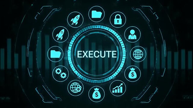 Digital futuristic interface featuring execute text and business icons