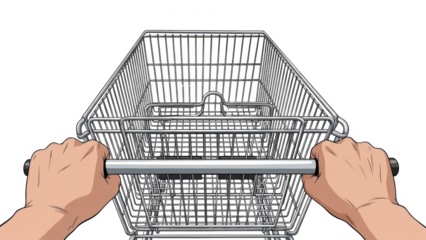 Person pushing empty shopping cart forward in store interior closeup