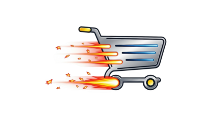 A shopping cart blasts off into the air with flames and sparks.
