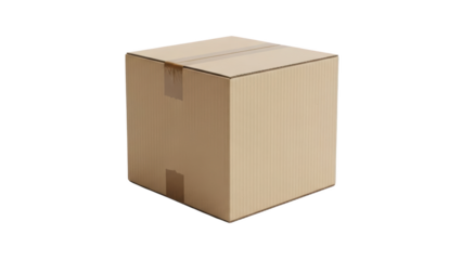 A brown cardboard box sits closed on a white background indoors.