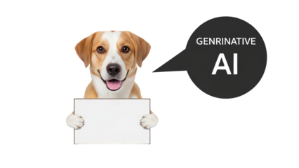 A happy dog holds a sign and speaks about generative AI.