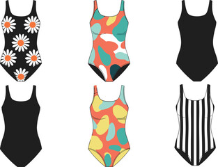 Vector Illustration Set of Women's One-Piece Swimwear and Bodysuits in Daisy, Abstract, and Striped Patterns, Representing Beach Fashion and Summer Style.